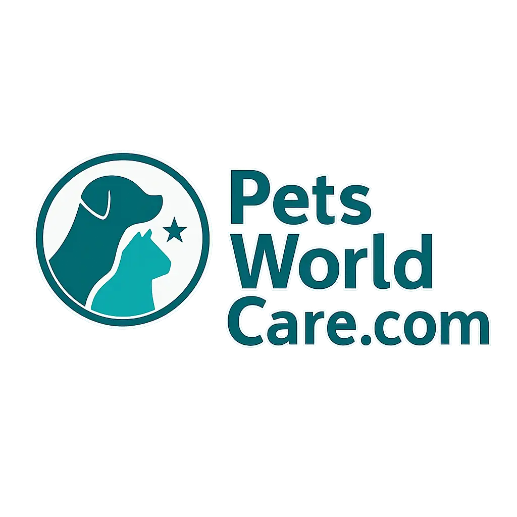 Logo for PetsWorldCare.com featuring a green and teal circular icon with a dog and cat silhouette, accompanied by bold text spelling the website name. Symbolizes pet care, trust, and compassion.